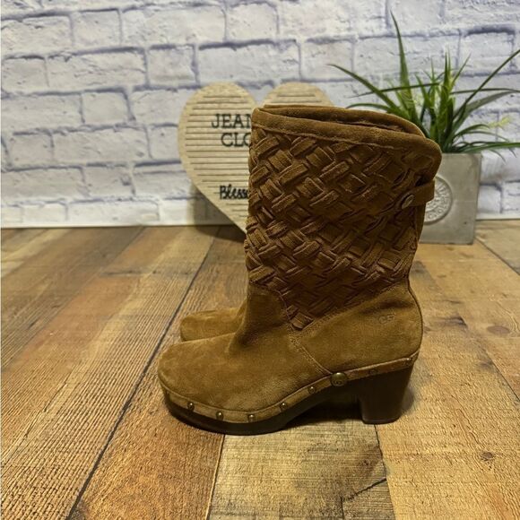 UGG Lynnea Arroyo Boots Brown Woven Suede Studded Clog Heels Womens Sz 6 - Picture 5 of 12